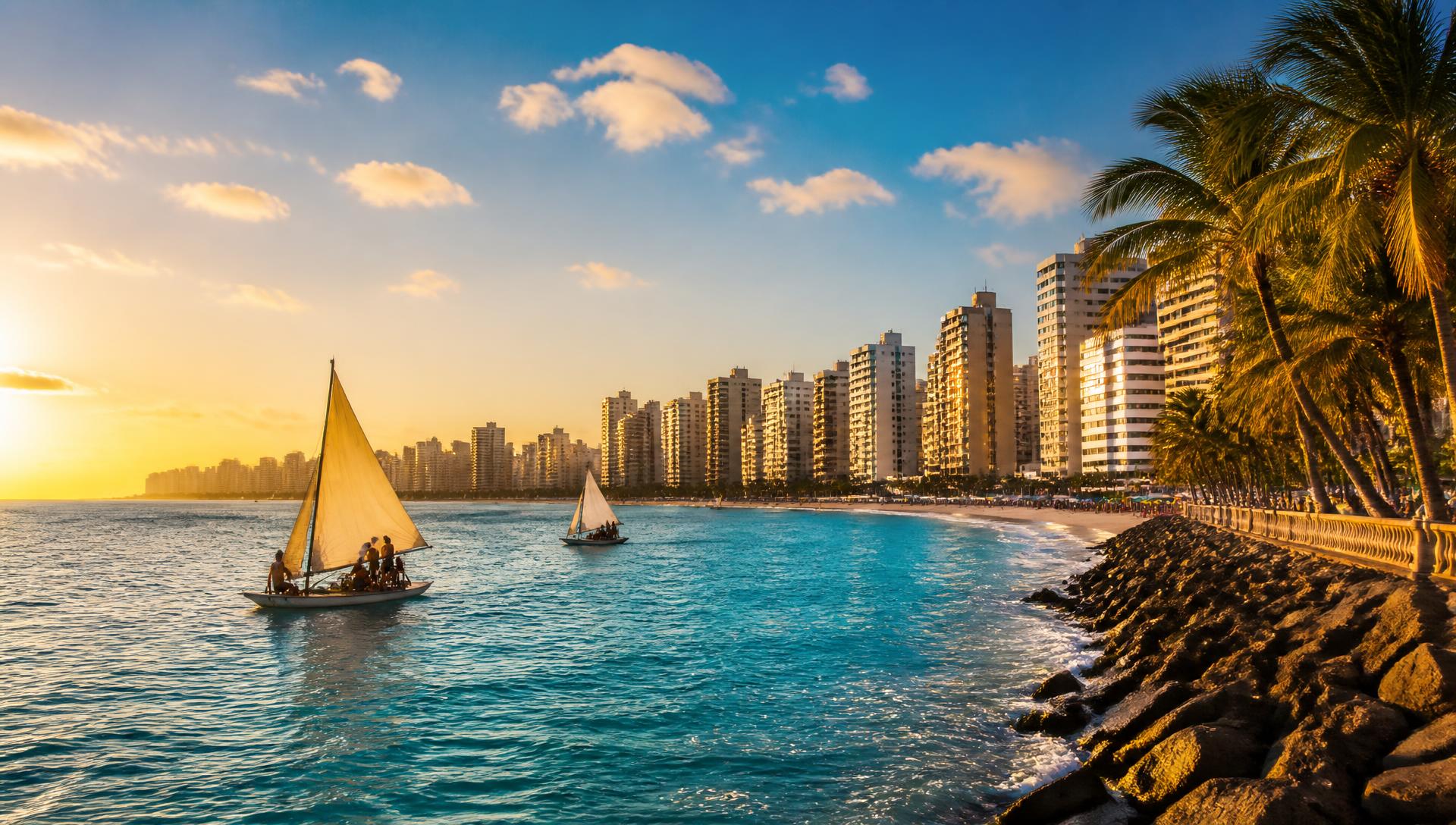 Beira-Mar de Fortaleza com jangadas ao pôr do sol